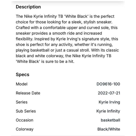 Nike Men\'s Size 10.5 Kyrie Infinity Basketball Shoes Sneakers Black White Oreo